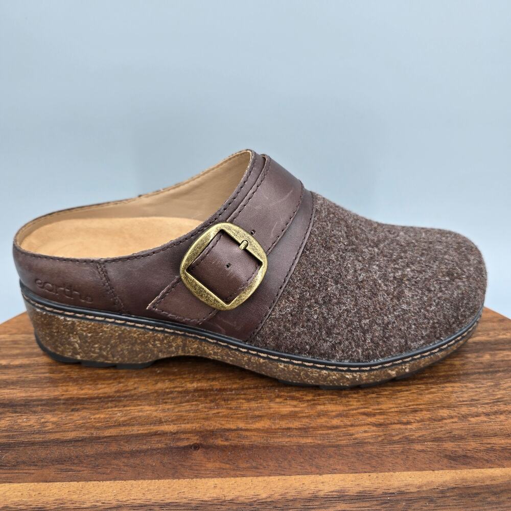 Earth Shoes Womens 7.5 M Brown Fabric Leather Slip On Buckle Casual Mules Clogs